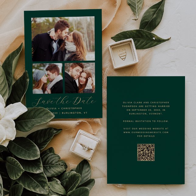Minimaler 3-Foto Collage Emerald Green Gold QR Cod Save The Date (Von Creator hochgeladen)