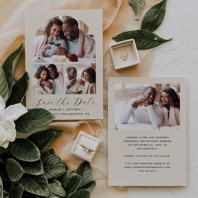 Minimaler Arch Beige mit 4 Fotos Save The Date (Von Creator hochgeladen)