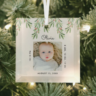 Minimaler Babyname und Geburtsstat Foto Keepake Ornament Aus Glas