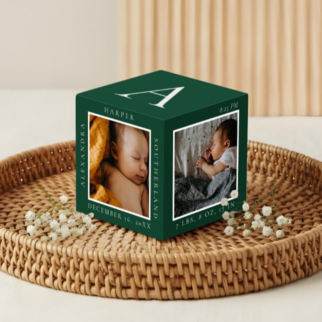 Minimaler Babyname und Geburtsstat Foto Keepake Würfel (Minimal Baby Name & Birth Stats Photo Keepsake Green Cube)
