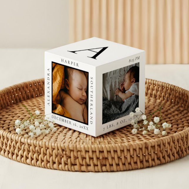 Minimaler Babyname und Geburtsstat Foto Keepake Würfel (Minimal Baby Name & Birth Stats Photo Keepsake White Cube)