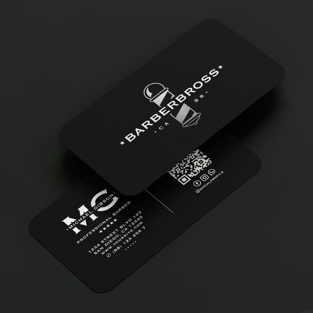 Minimaler Barbershop Moderner Barberer Pole Black  Visitenkarte (Minimal Barbershop Modern Barber Pole Black Silver Business Card
)