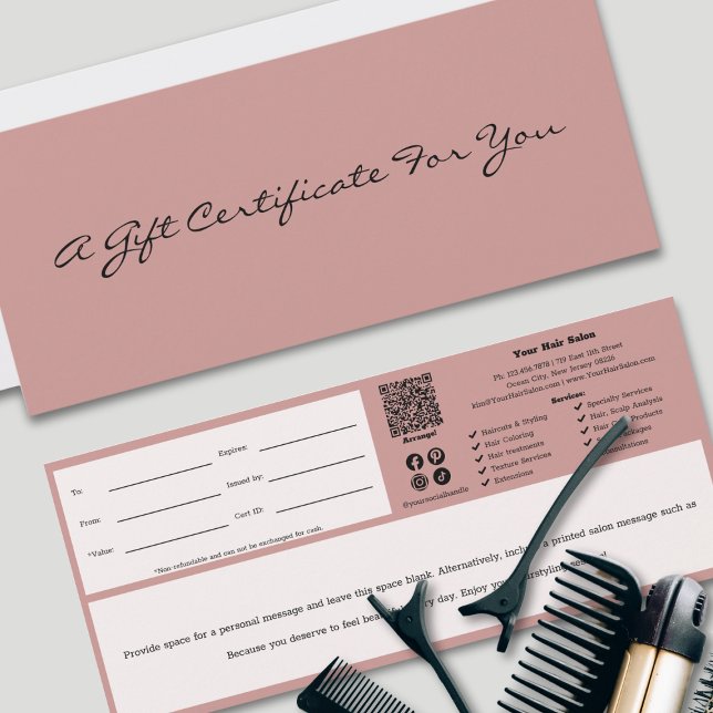 Minimaler Beruflich rosa Geschenkgutschein (Minimal Professional Pink Black Gift Certificate, Small Business List, QR Code, Note, Tracking ID )