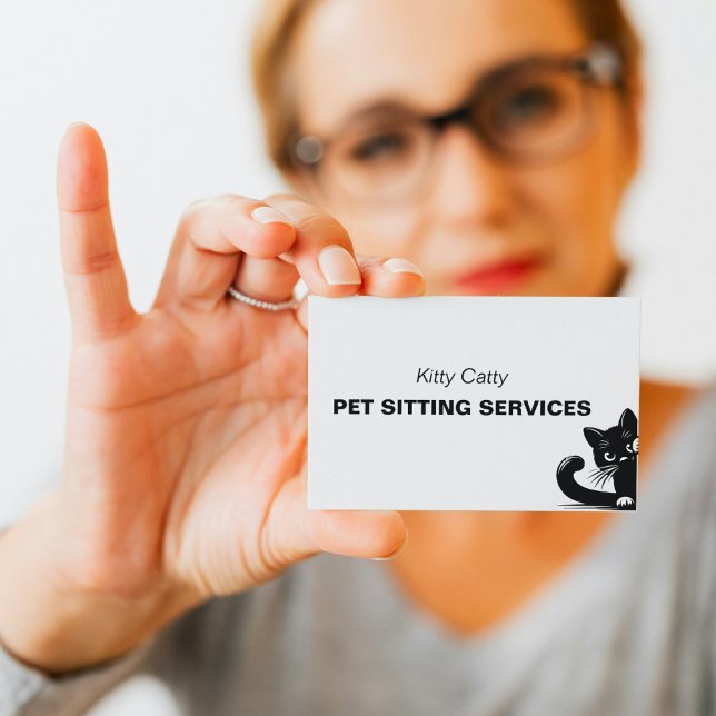 Minimaler Black Cat Peeking Pet Care Service Visitenkarte (Minimal Black Cat Peeking Pet Sitter Service Business Card)