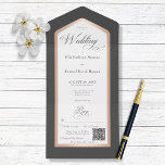 Minimaler Black & White Rose Gold Moderner QR Code All In One Einladung<br><div class="desc">MIT ODER OHNE QR-CODE ODER ABENDESWÄHLUNGSOPTIONEN. Dieses Design zeichnet sich durch einen schwarzen Holzkohle-Hintergrund mit einem weißen Textbereich aus,  der in Imitat Rose Gold gerahmt ist. Ein Monogramm mit dem ersten Auftakt der Braut und des Bräutigams auf der Außentafel vervollständigt es. Erstellt von der einfachen Farmhouse Press.</div>