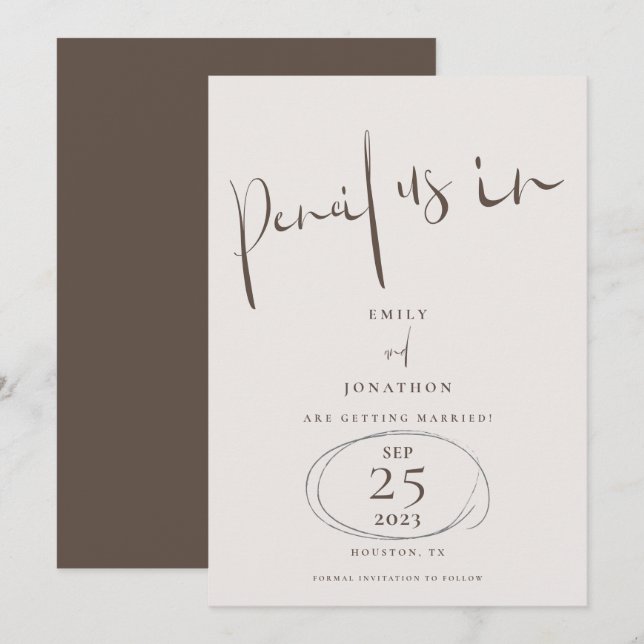 Minimaler Bleistift in informeller Schrift Cream B Save The Date (Vorne/Hinten)