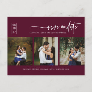 Minimaler Burgundy Boho Foto QR-Code Save the Date Postkarte
