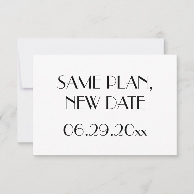 Minimaler Deko White Wedding Plan Neuer Termin Save The Date (Vorderseite)