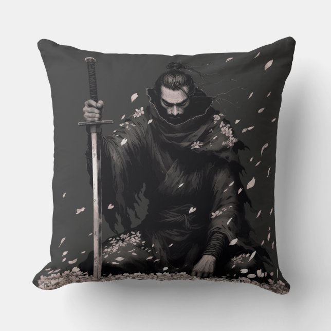 Minimaler dunkler Samurai-Krieger mit Kirschblüten Kissen (Vorderseite)