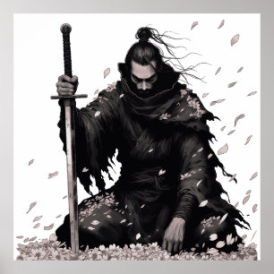 Minimaler dunkler Samurai-Krieger mit Kirschblüten Poster