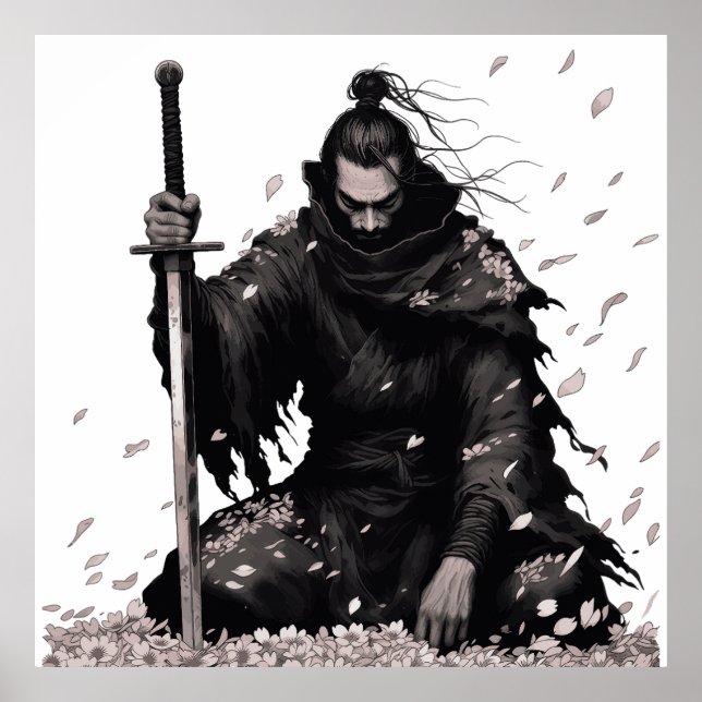 Minimaler dunkler Samurai-Krieger mit Kirschblüten Poster (Vorne)