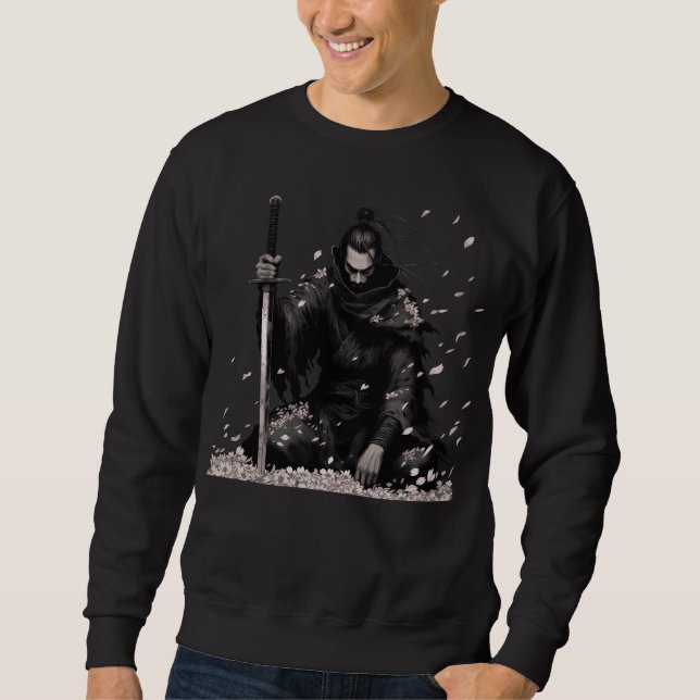 Minimaler dunkler Samurai-Krieger mit Kirschblüten Sweatshirt (Vorderseite)