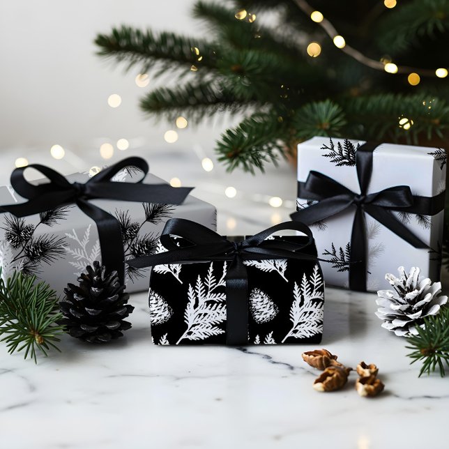 Minimaler Festivals Zedernholz Nadelholz Pinecone Geschenkpapier Set (Minimal Festive Cedar Leaf Pine Needles & Pinecone Wrapping Paper Sheets)