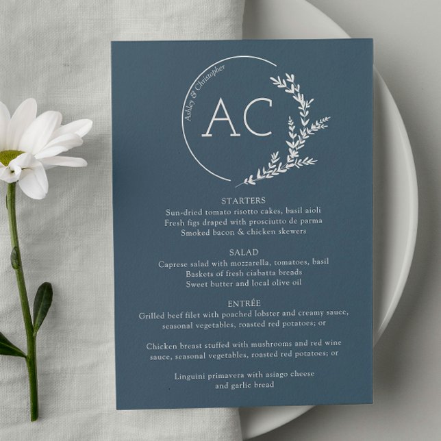 Minimaler Foliage Rahmen Slate Gray Hochzeitstil Menükarte (Von Creator hochgeladen)