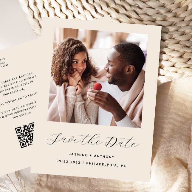 Minimaler Foto Beige QR-Code Save the Date Ankündigungspostkarte (Von Creator hochgeladen)