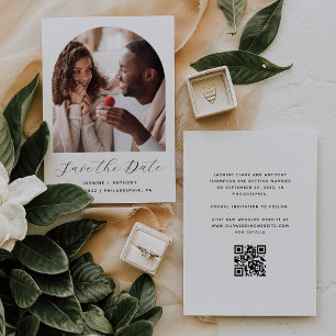 Minimaler Foto-Bogenskript QR-Code Schwarz und Wei Save The Date