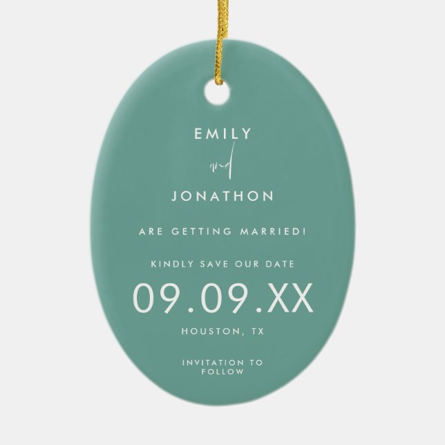 Minimaler Foto-Text Save the Date Aquamarin Keramik Ornament (Vorne)