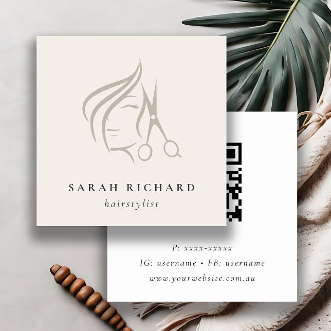 Minimaler Friseursalon - QR-Code für Elfenbeinhaar Quadratische Visitenkarte (Von Creator hochgeladen)