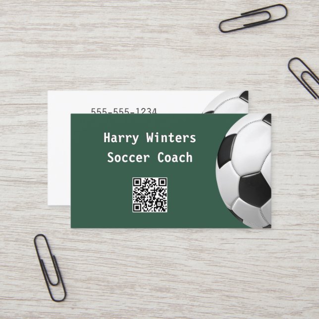 Minimaler Fußball Ball Green QR Code Fußball Coach Visitenkarte (Vorderseite/Rückseite Beispiel)