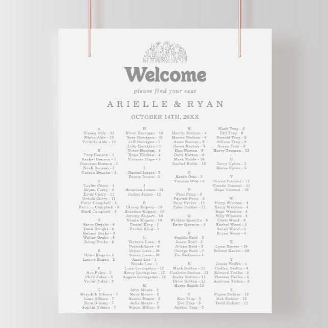 Minimaler Grauer Wildblumen-Alphabetischer Sitzpla Poster (Von Creator hochgeladen)