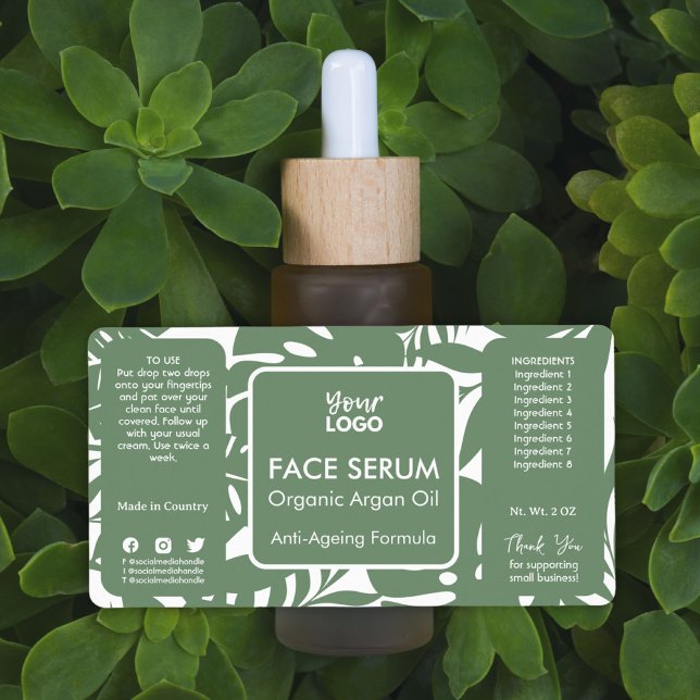 Minimaler grüner botanischer tropischer Leaf-Gesic (Minimal Green Botanical Tropical Leaf Face Serum Label)