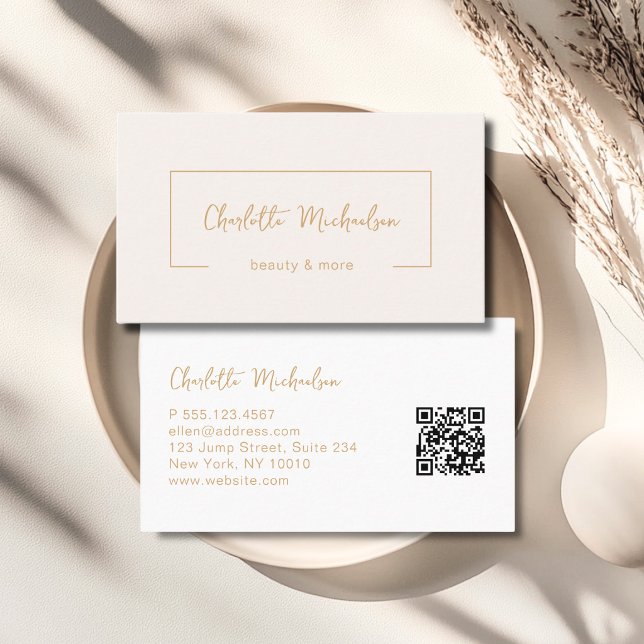 Minimaler Handschrift-Beiger QR-Code Visitenkarte (Minimal Handwriting Beige QR Code Business Card)