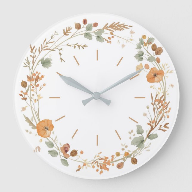 Minimaler Herbst-Wildblumen-Kranz Wanduhr (Vorderseite)