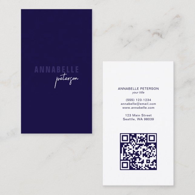 Minimaler moderner Beruflicher QR-Code Blau Visitenkarte (Vorne/Hinten)