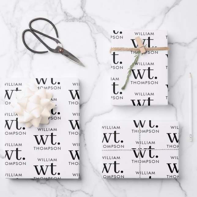 Minimaler moderner Schwarz-Weiß-Mit Monogramm Name Geschenkpapier Set (Vorderseite)