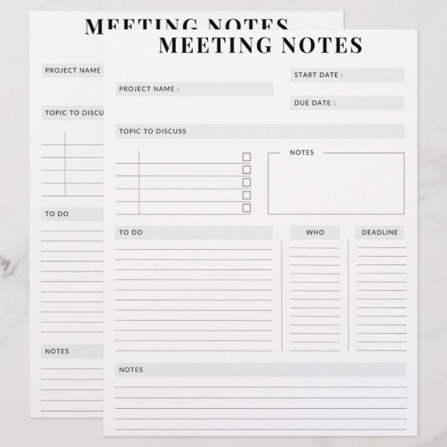 Minimaler professioneller Meeting Notes-Planer Briefbogen (Vorne/Hinten)