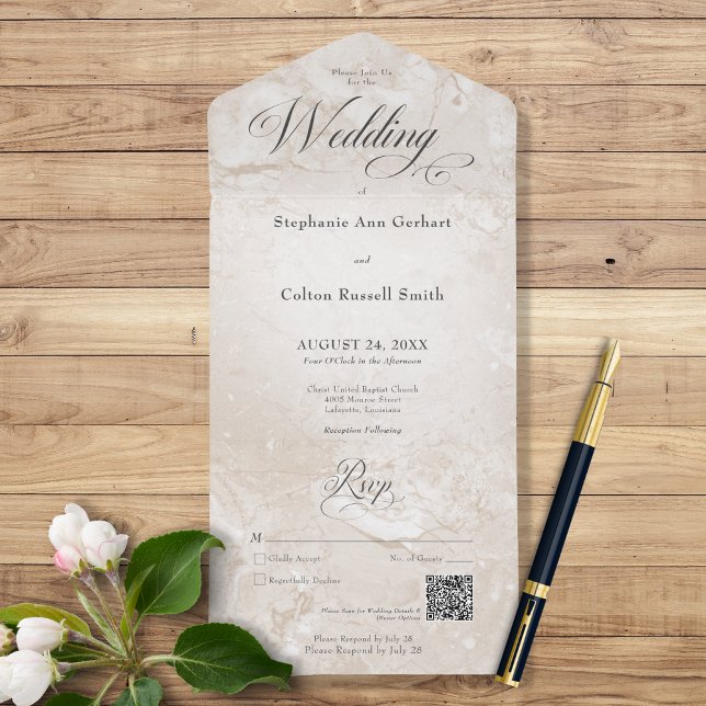 Minimaler QR-Code für modernen Tan-Marmor All In One Einladung (Von Creator hochgeladen)