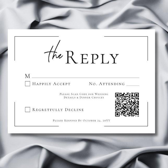 Minimaler QR-Code für Typografie, Schwarz/Weiß RSVP Karte (Minimal Typography Black & White Wedding QR Code RSVP Card)