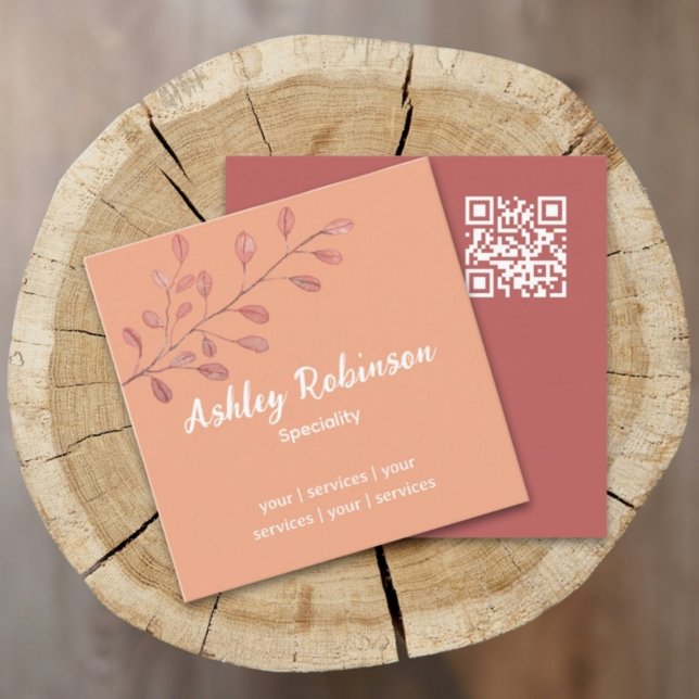 Minimaler QR-Code Rose Terracotta Quadratische Visitenkarte (Minimal QR code rose business card - terracotta leaf natural design)
