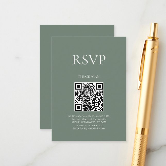 Minimaler QR Code Sage Green Wedding RSVP Begleitkarte (Vorderseite/Rückseite Beispiel)
