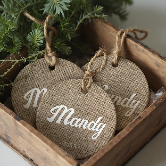 Minimaler Rustikaler Bauernhof Burlap Personalisie Keramik Ornament (Minimal Rustic Farmhouse Burlap Personalized Ceramic Ornament)