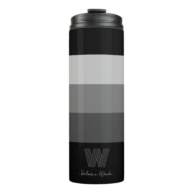 Minimaler Schwarz-Grau-Bars Monogram Thermal Tumbl Thermosbecher (Vorderseite)