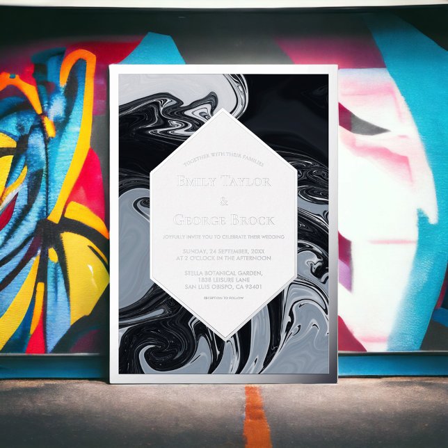 Minimaler Schwarz-Weiß-Abstrakter Hochzeitssilber Folieneinladung (Von Creator hochgeladen)