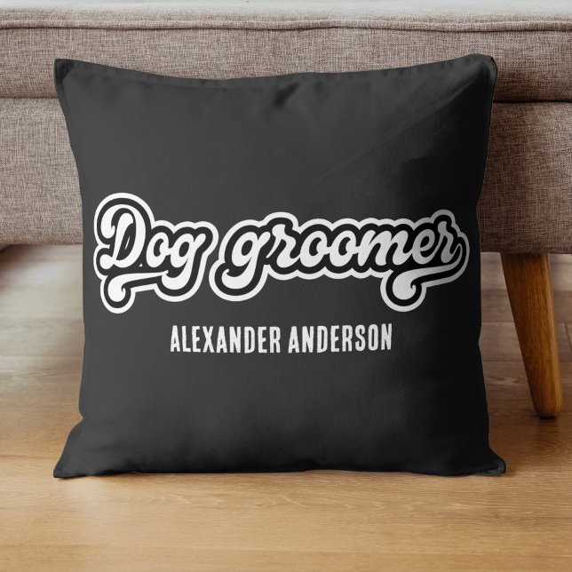 Minimaler Schwarz-Weiß-Hund-Groomer-Individuelle N Kissen (Minimal Black and White Dog groomer Custom Name Throw Pillow)