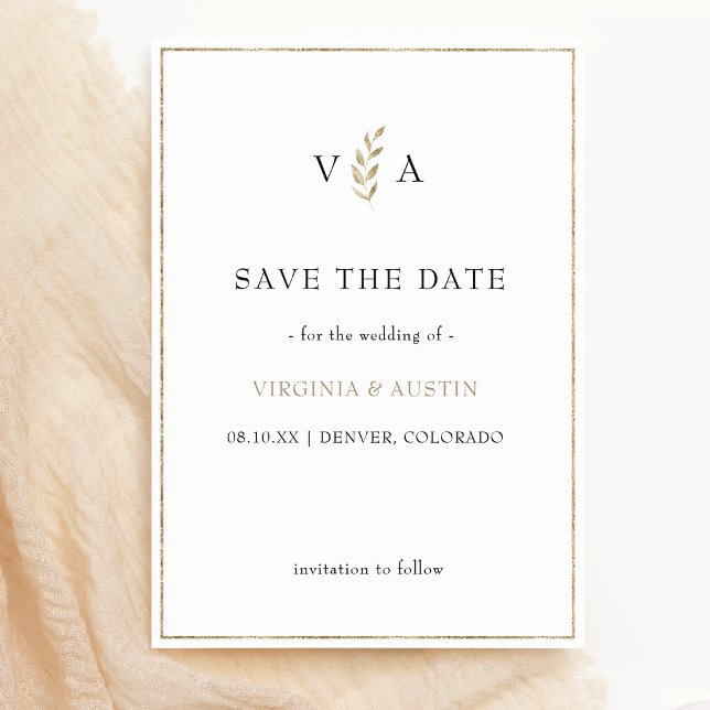 Minimaler Schwarz-weiß | Leaf Gold Border Wedding Save The Date (monogram Minimal Black White & Gold Leaf Border Wedding Save The Date
)