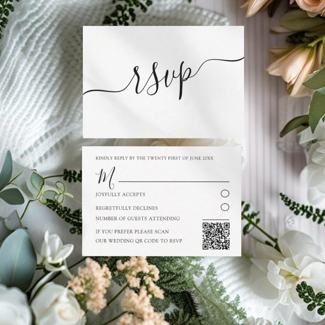 Minimaler Schwarz-Weiß-QR-Code Hochzeit RSVP Karte (Von Creator hochgeladen)