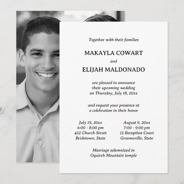 Minimaler Schwarz/Weiß-Tempel Hochzeit von zwei Em Einladung (Vorne/Hinten)