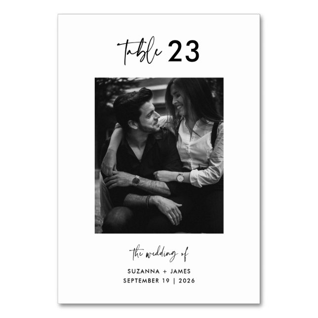 Minimaler Schwarz-weißer Foto QR Code Tischnummer (Vorderseite)