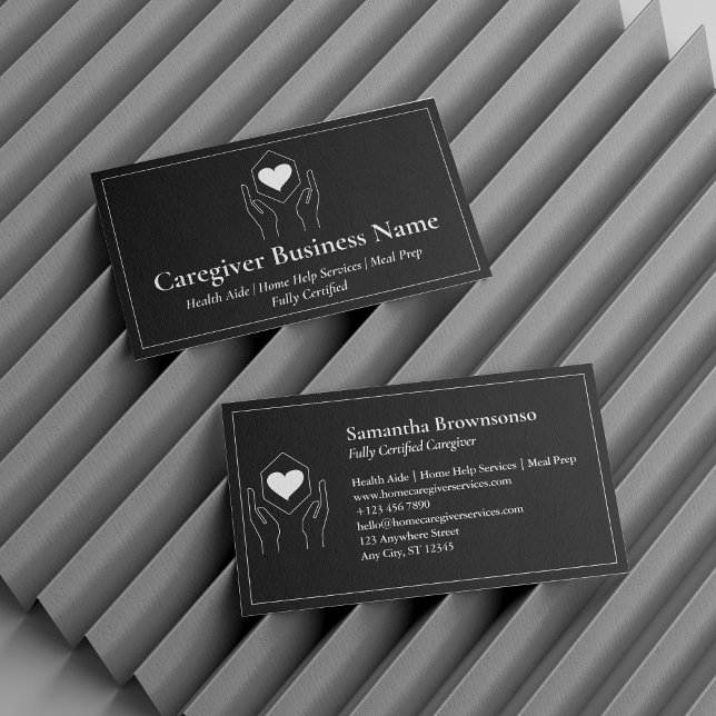 Minimaler Schwarz-weißer Hand-Herz-Betreuer Visitenkarte (Black White Hand Heart Minimal Caregiver Business Card)