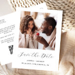 Minimaler Schwarz-weißer QR-Code für Foto Save the Ankündigungspostkarte<br><div class="desc">Diese einfache, minimalistische Save the Date Postkarte bietet ein quadratisches Foto über den Worten "Save the Date" in elegantem schwarzen Handschrift, gefolgt von den Namen der Ehepaare, Hochzeitstag und Stadt in sans Serif Schriftart auf einem weißen Hintergrund. Fügen Sie eine detailliertere Nachricht mit weiteren Informationen auf der Rückseite, zusammen mit...</div>