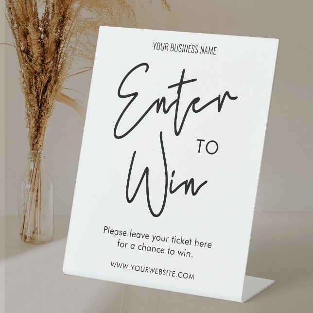 Minimaler Schwarz-weißer Realtor Business Event Ra Sockelschild (Minimalist Black & White Raffle Pedestal Sign, perfect to finish your prize draw table set up)