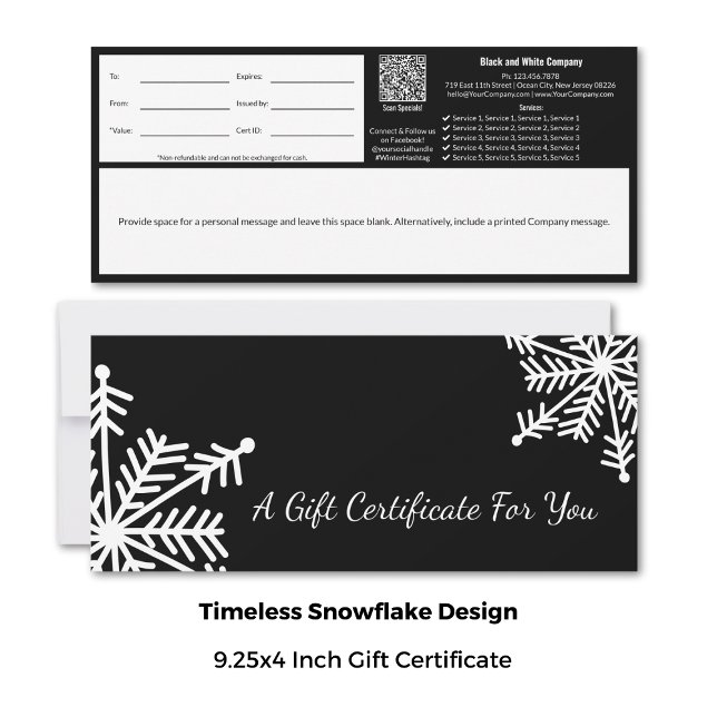 Minimaler Schwarz-weißer Schneeflockschein (9.25x4 Inch, Minimal Black White Snowflake Gift Certificate Cards)
