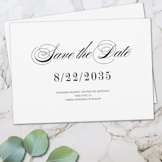 Minimaler Schwarz-weißer Spaß Romantische Script H Save The Date (Minimal modern Save the Date flat card with a vintage flair)
