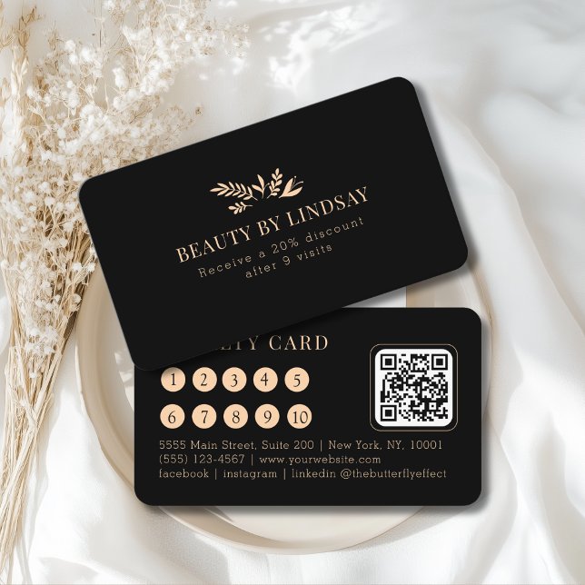 Minimaler schwarzer botanischer Salon QR-Code Treu Visitenkarte (Minimal Black Botanical Salon QR-Code Loyalty Business Card)