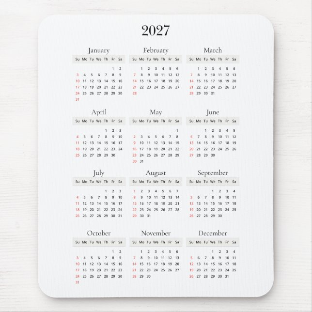 Minimaler schwarzer Kalender 2027 | Beliebige Hint Mousepad (Vorne)