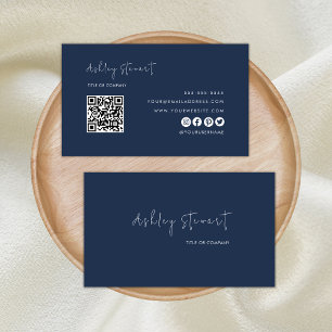 Minimaler Script Qr Code Beruflich Navy Blue Visitenkarte
